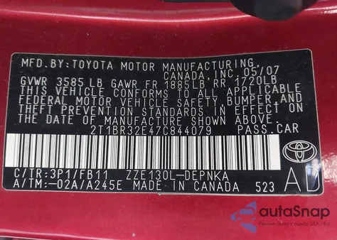 2007 Toyota Corolla Le z USA, uszkodzony, nr VIN 2T1BR32E47C844079